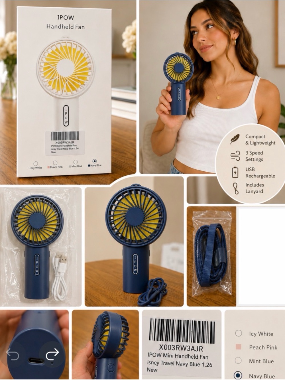 Navy Blue Portable Handheld Fan - USB Rechargeable